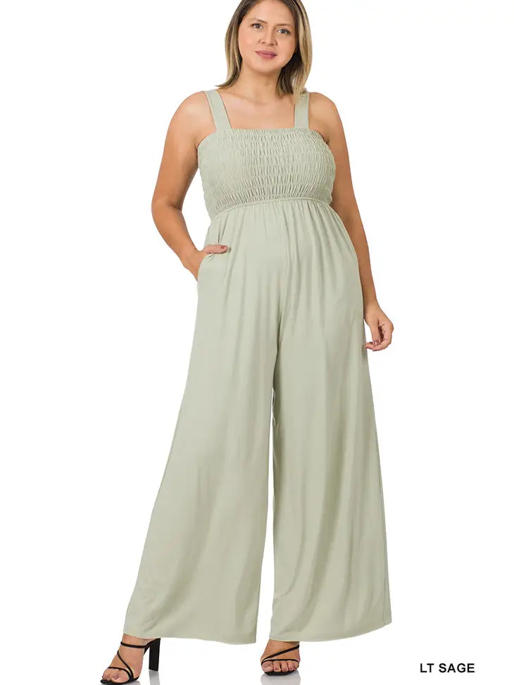 Plus Sage Smocked Top Jumpsuit With Pockets