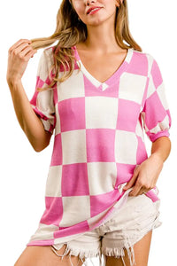 Checkered in Pink Waffle Knit Blouse