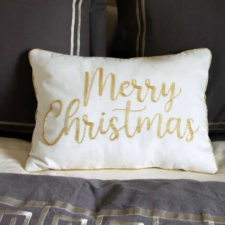 Merry Christmas Beaded Pillow White
