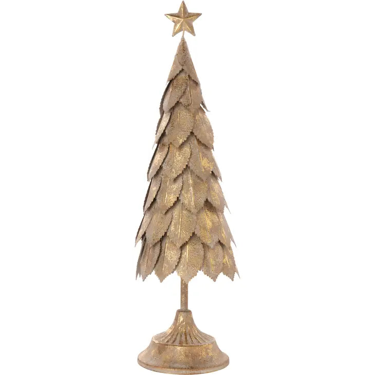 19.5" Antiqued Matte Gold Metal Tree with Layered Leaves