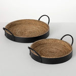 Round Wood & Seagrass Tray Set
