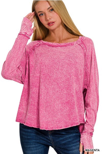 Washed Thumb Hole Cuffs Scoop-Neck Long Sleeve Top