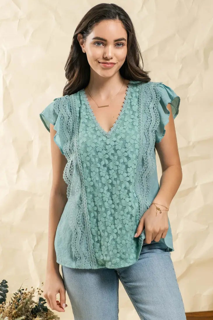 Casual Jade Lace Front Top