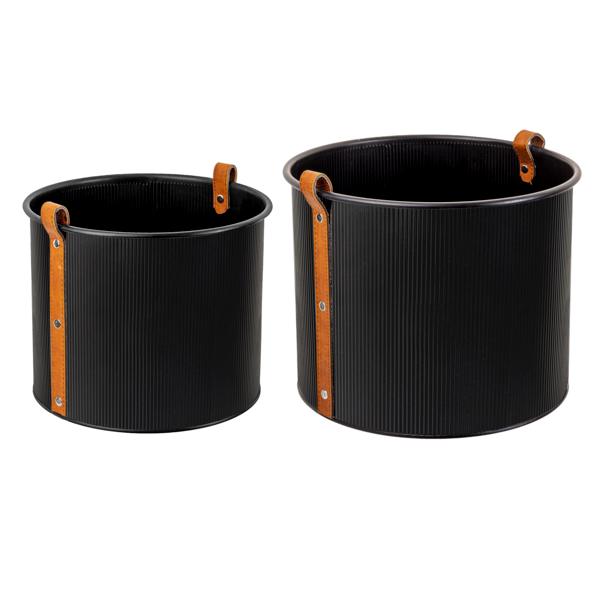 Black with Leather Handle Round Planter