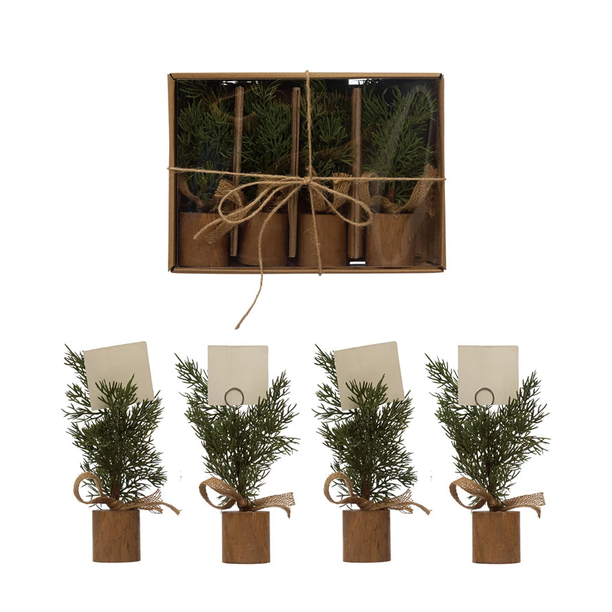 Pine Tree Place Card/Photo Holders with Wood Bases, Boxed Set of 4